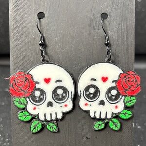 Cute Skull & Rose Dangle Earrings – Spooky Cute Statement Jewelry